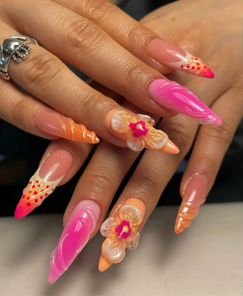 tropical spring nails pink and orange