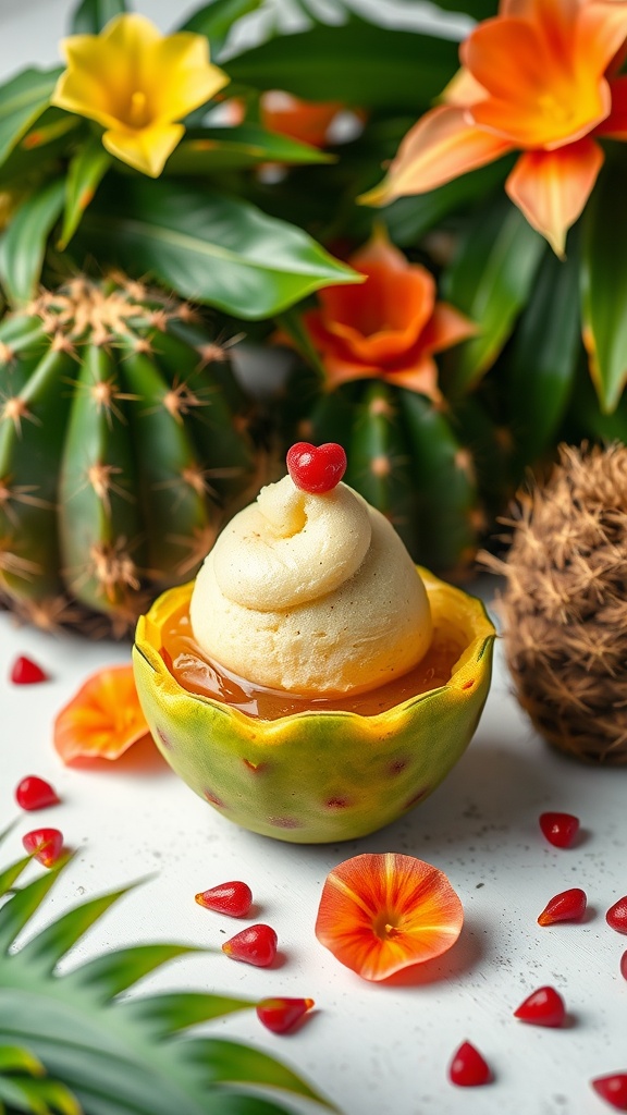 A vibrant cactus fruit sorbet in a cactus-shaped bowl, surrounded by tropical flowers and fruits.