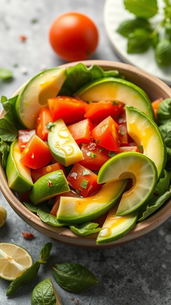 A colorful chilled avocado and tomato salad in a bowl with green leaves