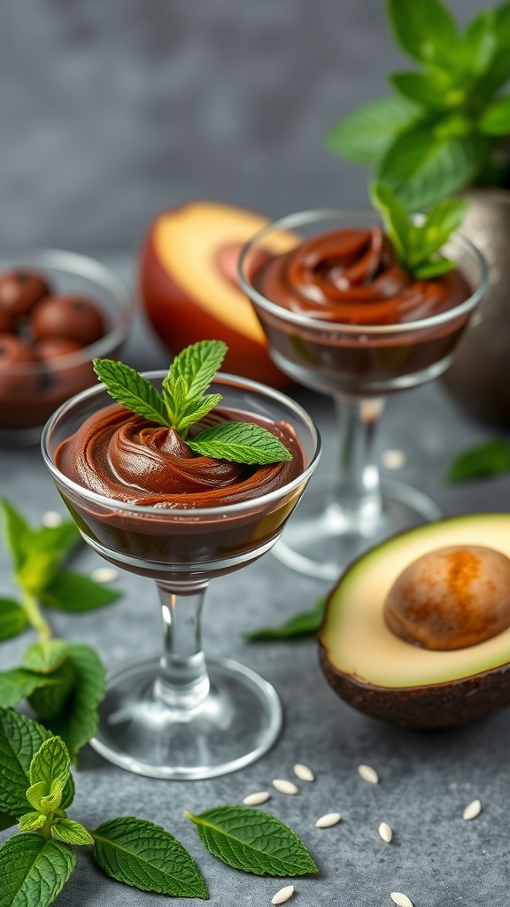 A glass of chocolate avocado mousse topped with mint leaves, surrounded by fresh ingredients.