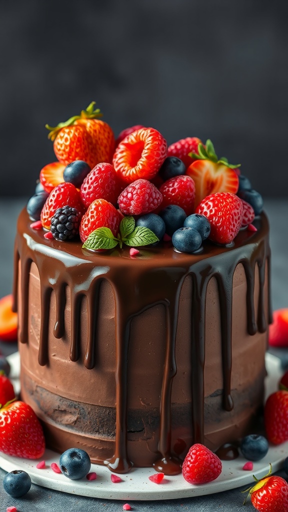 Chocolate drip cake topped with fresh strawberries, raspberries, blueberries, and mint leaves