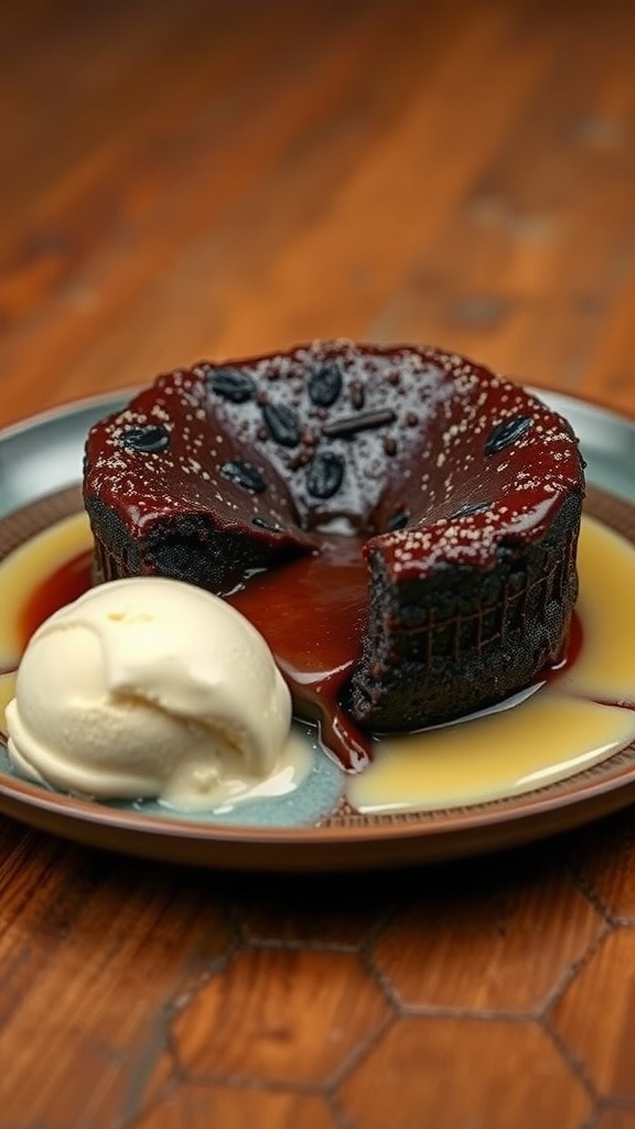 A chocolate lava cake with a gooey center, served with a scoop of vanilla ice cream on a plate.