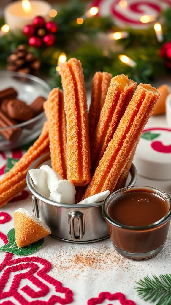 A bowl of churros with chocolate dipping sauce, garnished with cream and festive decorations.