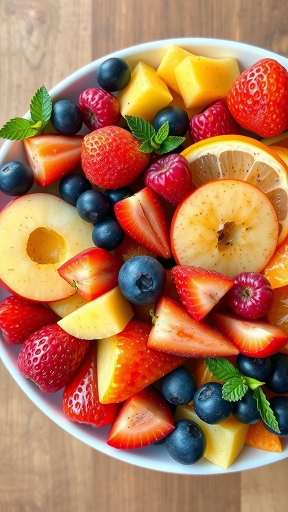 A colorful fruit platter featuring a mix of strawberries, blueberries, pineapple, and other fruits, garnished with mint leaves.