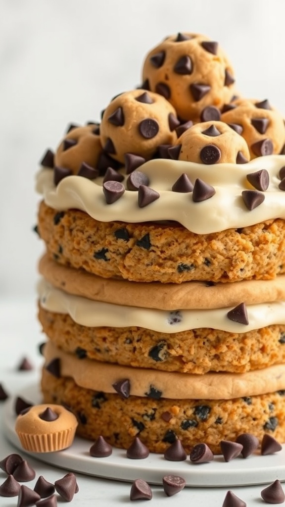 A delicious cookie dough cake with layers, frosting, and cookie dough balls on top.