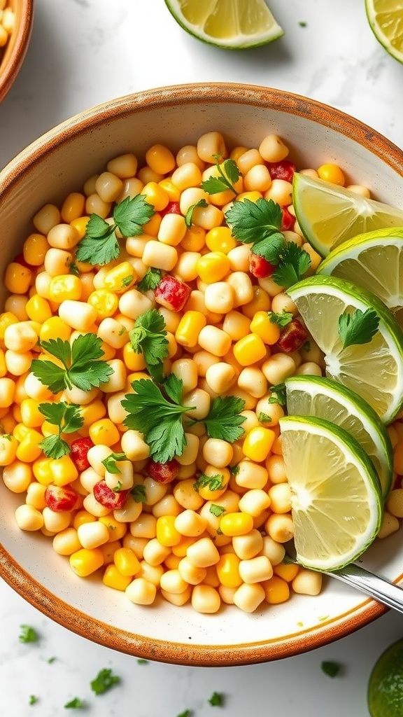A bowl of creamy Mexican street corn salad topped with lime wedges and cilantro.