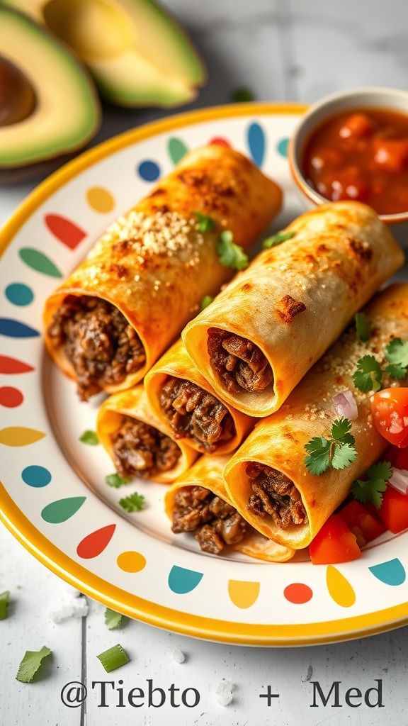 A plate of crispy beef taquitos garnished with cilantro, accompanied by a bowl of guacamole and some diced tomatoes.