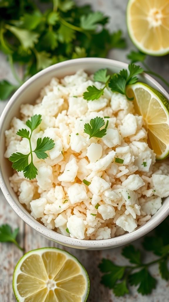 A bowl of fluffy cilantro-lime rice garnished with fresh cilantro and lime slices.
