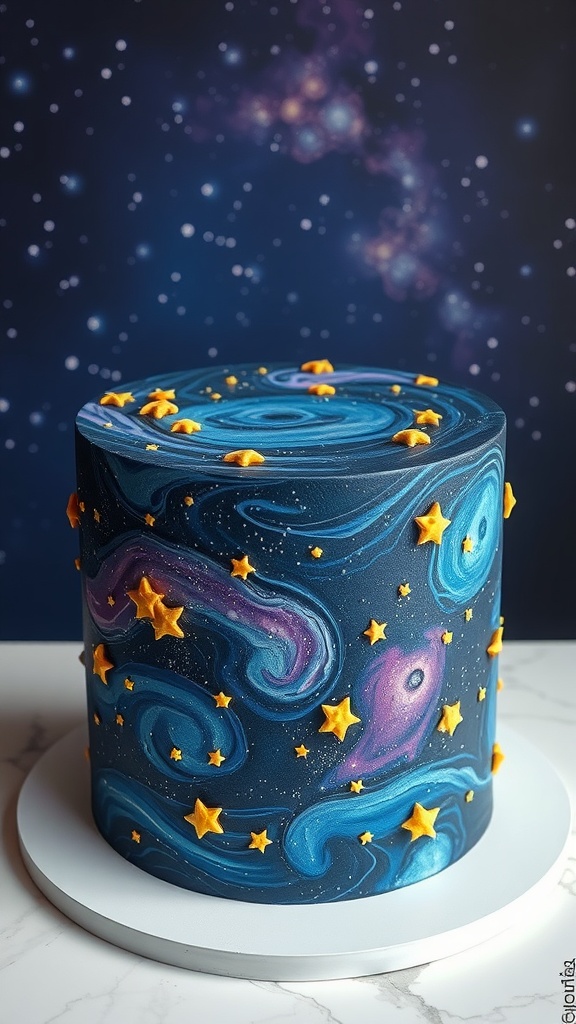 A beautifully decorated galaxy-themed cake with star decorations.