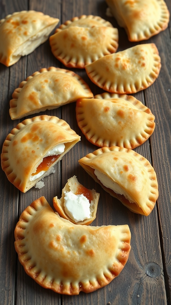 A plate of guava and cream cheese empanadas, some whole and some cut open showing the filling.