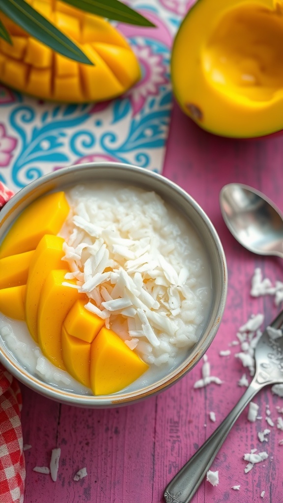 Bowl of mango coconut rice pudding with fresh mango slices and coconut flakes