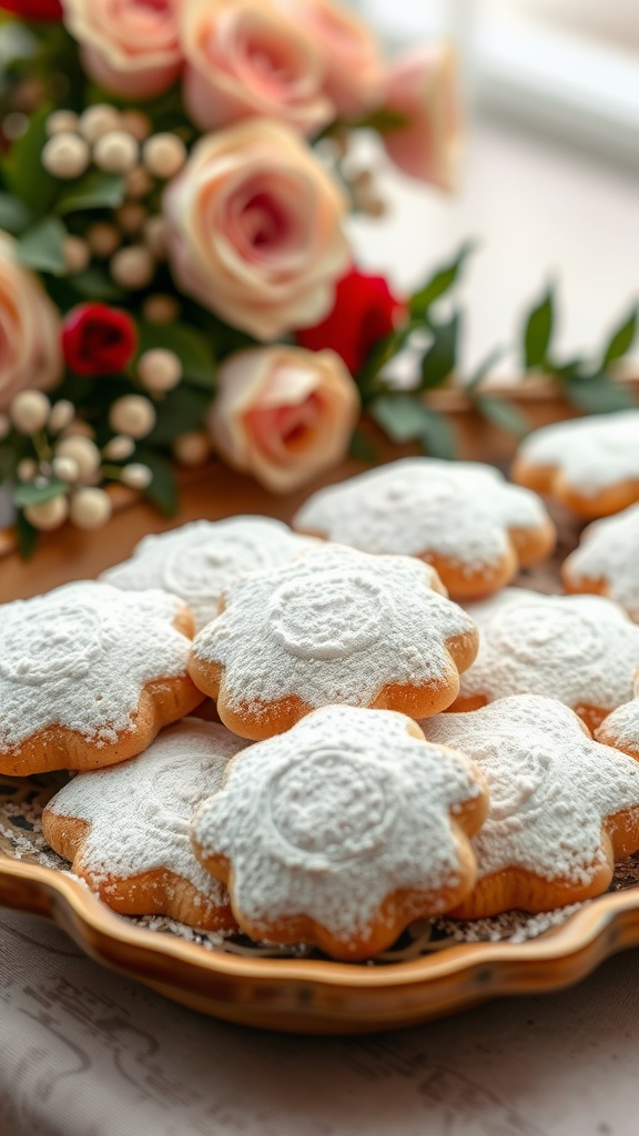 A plate of Mexican wedding cookies dusted with powdered sugar, surrounded by roses.