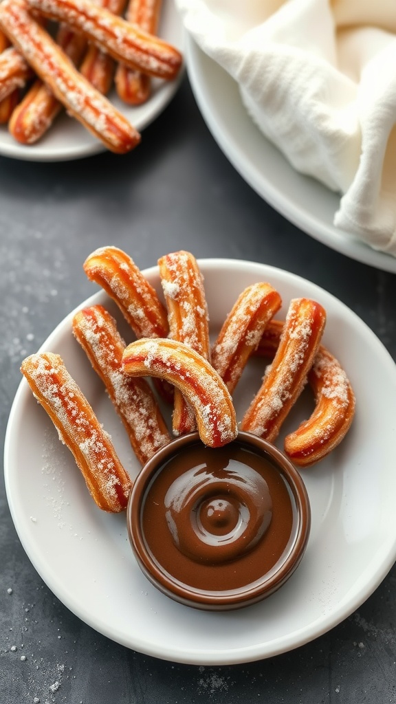Plate of mini churros with a small bowl of chocolate sauce