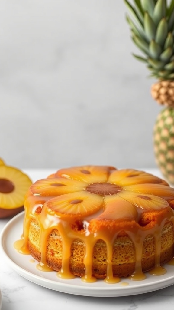 A beautifully presented pineapple upside down cake with caramel drizzle and fresh pineapple.
