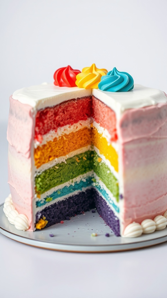 A colorful rainbow layer cake with slices showing different colored layers and topped with bright swirls.