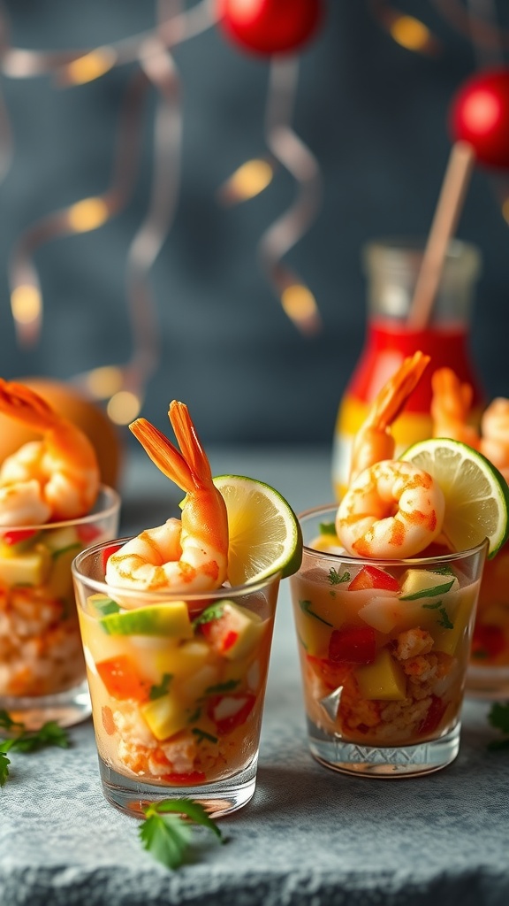 Mini cups of shrimp ceviche with lime and colorful vegetables