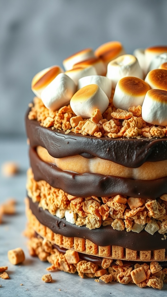 A delicious s'mores cake with layers of chocolate, graham cracker, and toasted marshmallows.