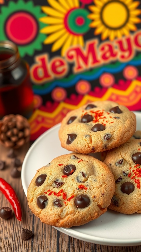 A plate of spicy chocolate chip cookies with chocolate chips and a sprinkle of chili flakes, set against a vibrant Cinco de Mayo backdrop.