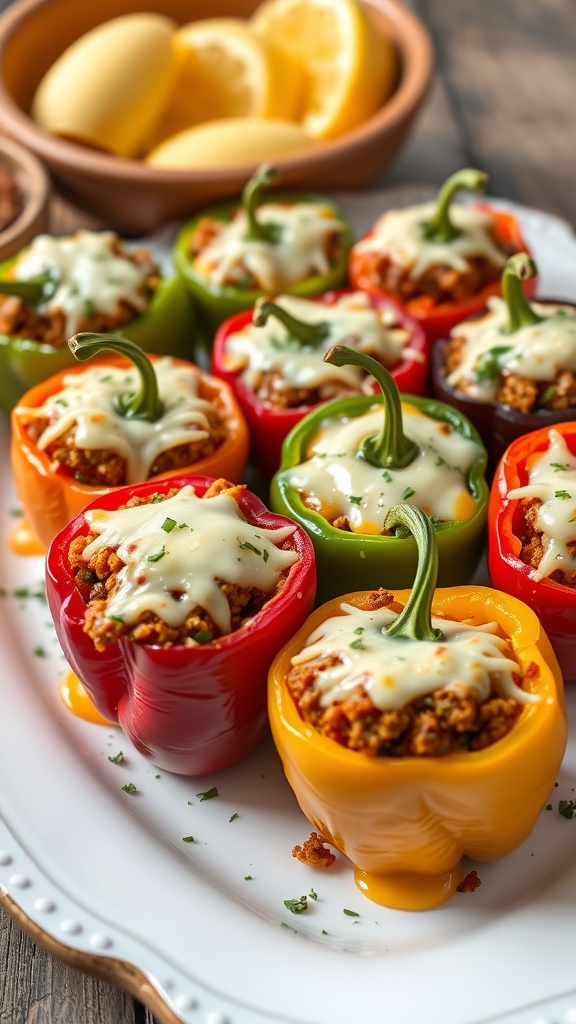 Colorful stuffed peppers filled with chorizo and topped with cheese on a platter.