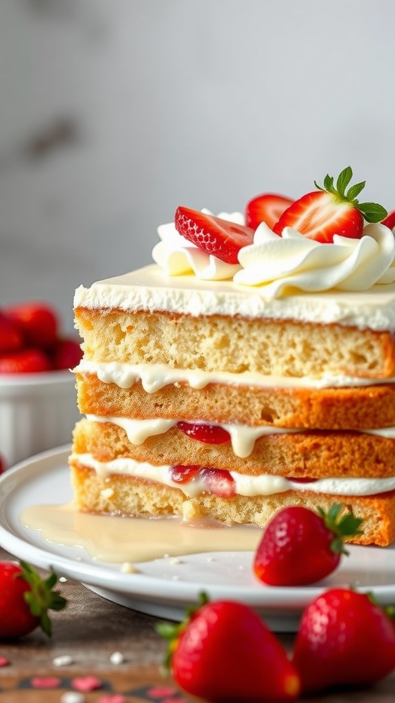 A delicious slice of Tres Leches Cake with strawberries on top.