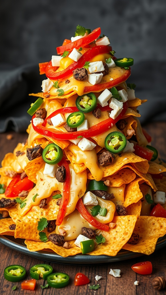 A vibrant plate of vegetarian nachos stacked high with cheese, jalapeños, and colorful vegetables.