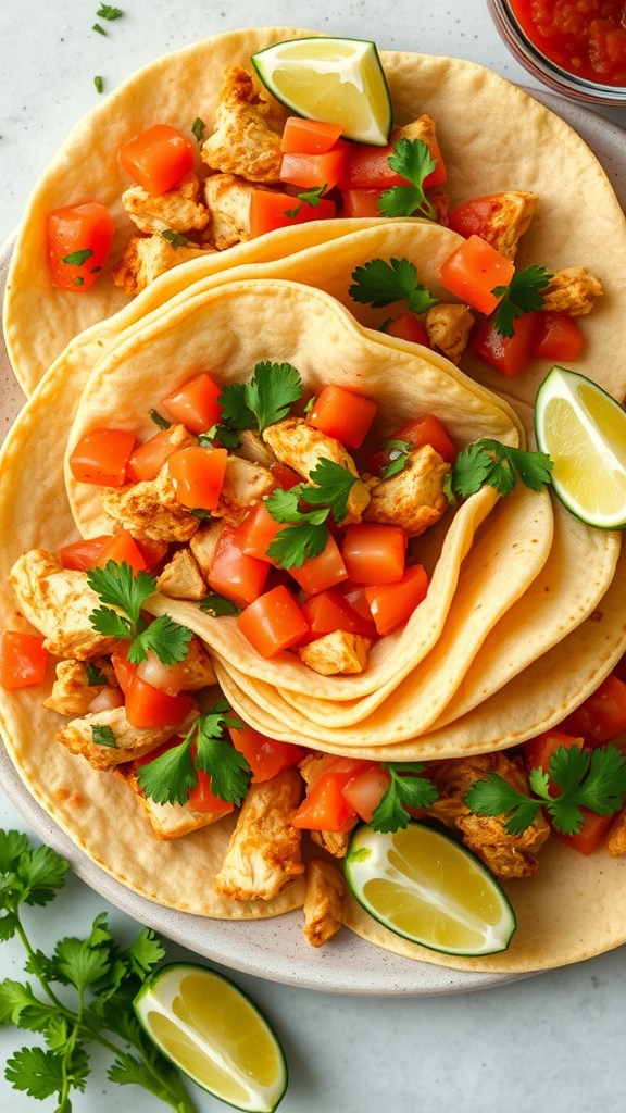 Delicious zesty chicken tacos topped with fresh salsa, cilantro, and lime.