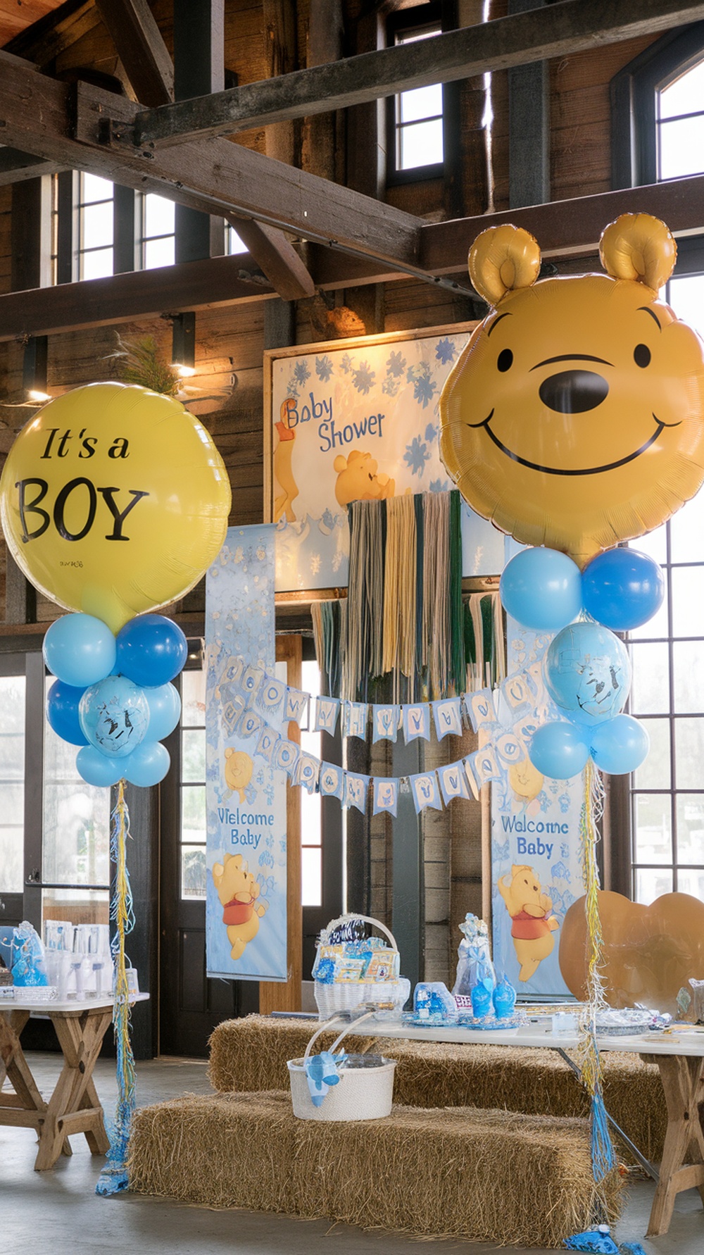 Winnie the Pooh themed baby shower decorations with balloons and banners