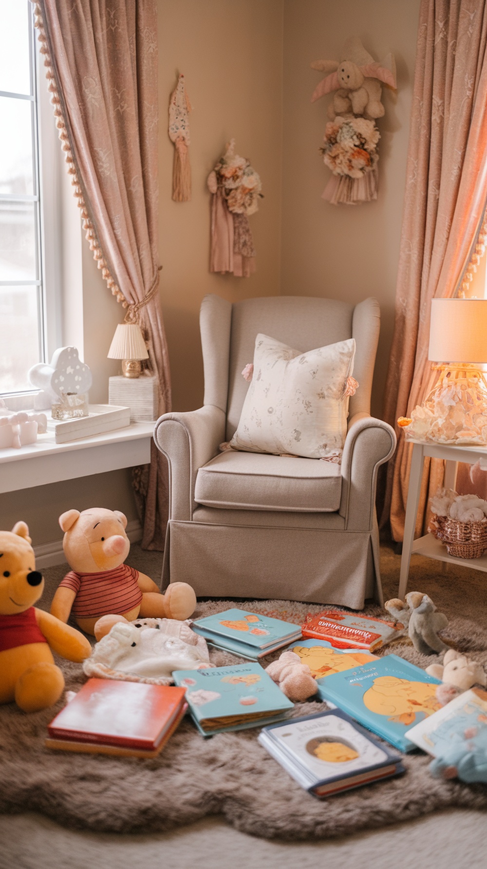 A cozy reading corner with Winnie the Pooh plush toys and storybooks.