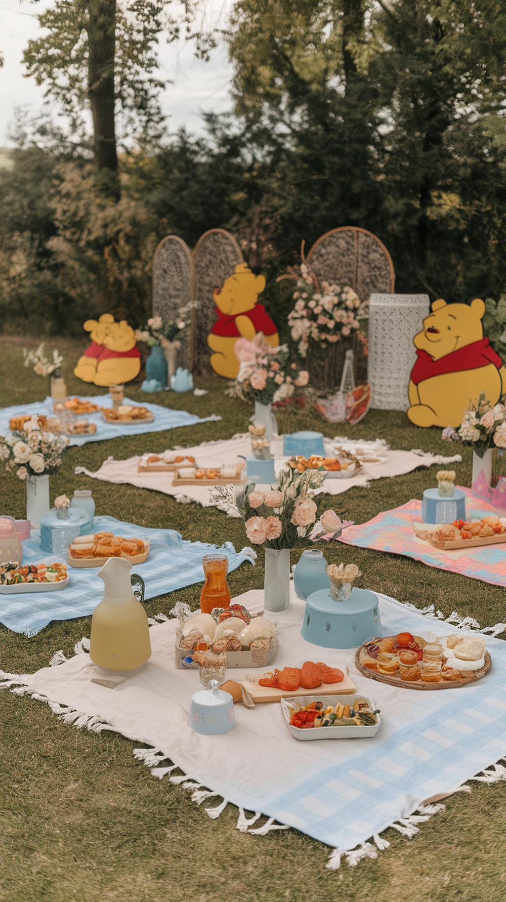 Outdoor Winnie the Pooh baby shower setup with picnic blankets, food, and decorations.