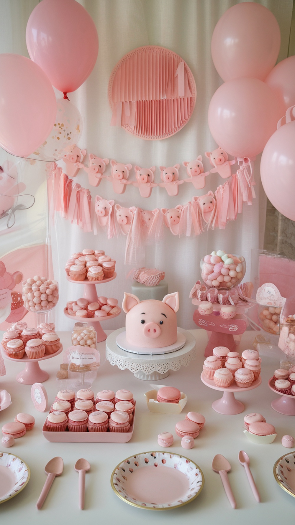 A beautifully decorated dessert table featuring pink pig-themed treats, balloons, and cupcakes.