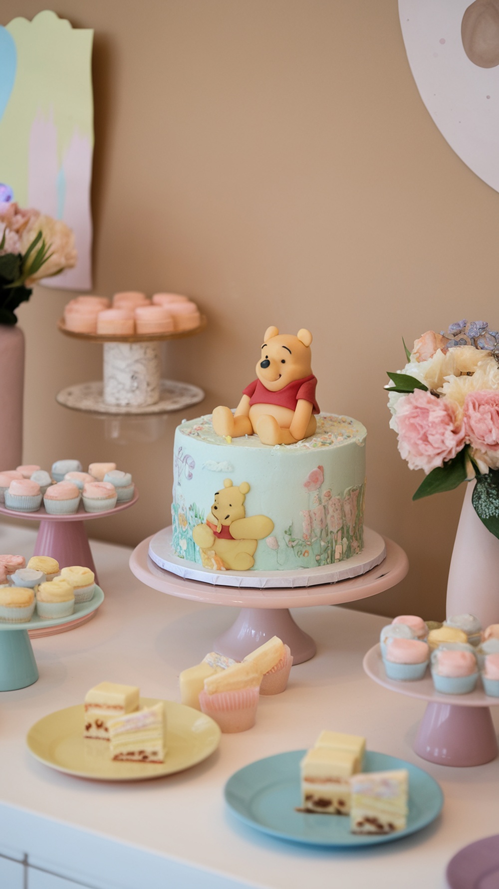 A beautifully decorated Pooh Bear themed cake surrounded by cupcakes and pastries.