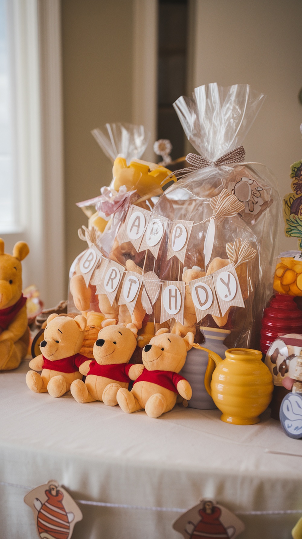 Winnie the Pooh themed baby shower favors including plush toys and honey jars.
